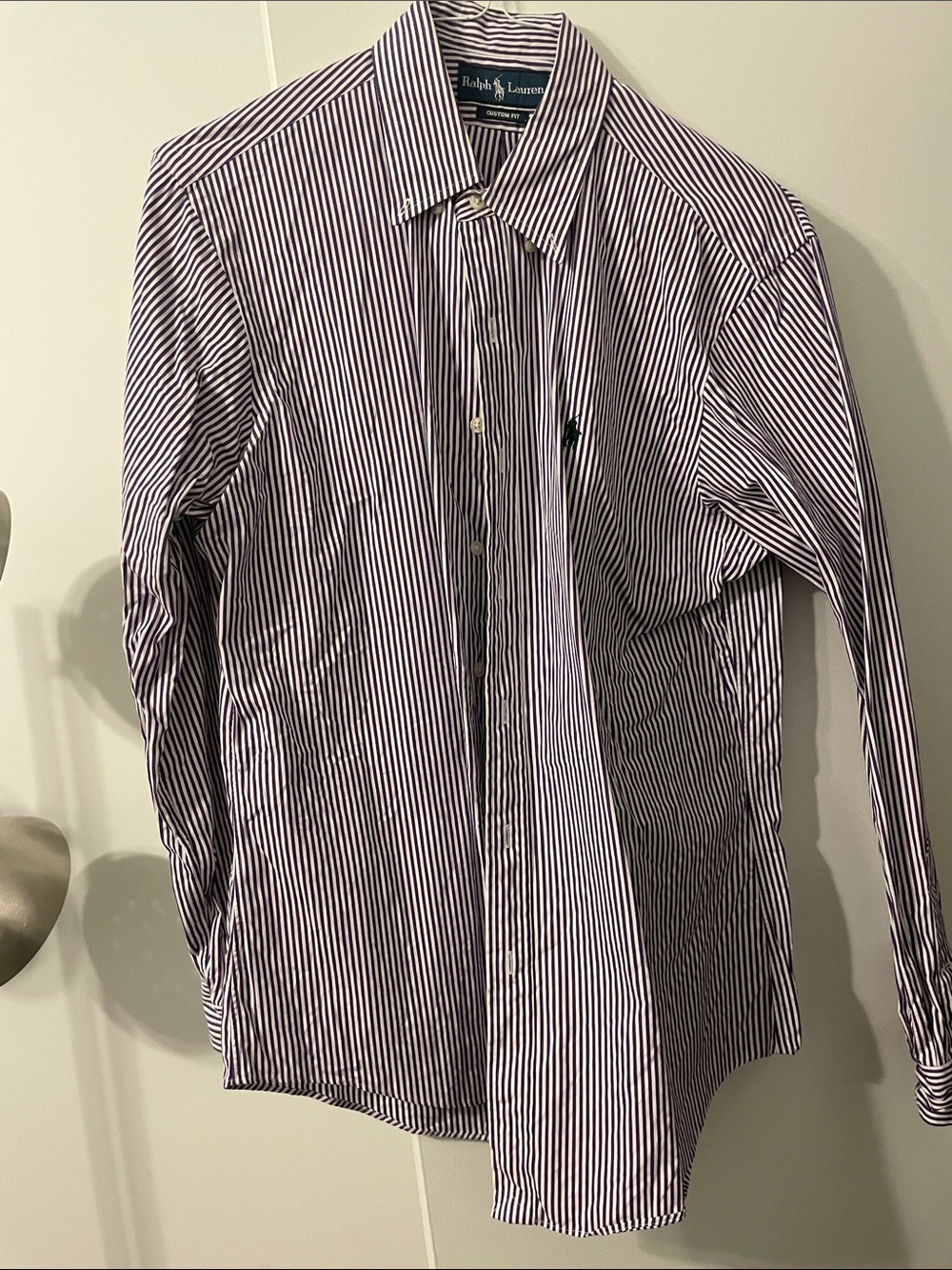 Ralph Lauren Men's White and Purple Pinstripe Dress Shirt